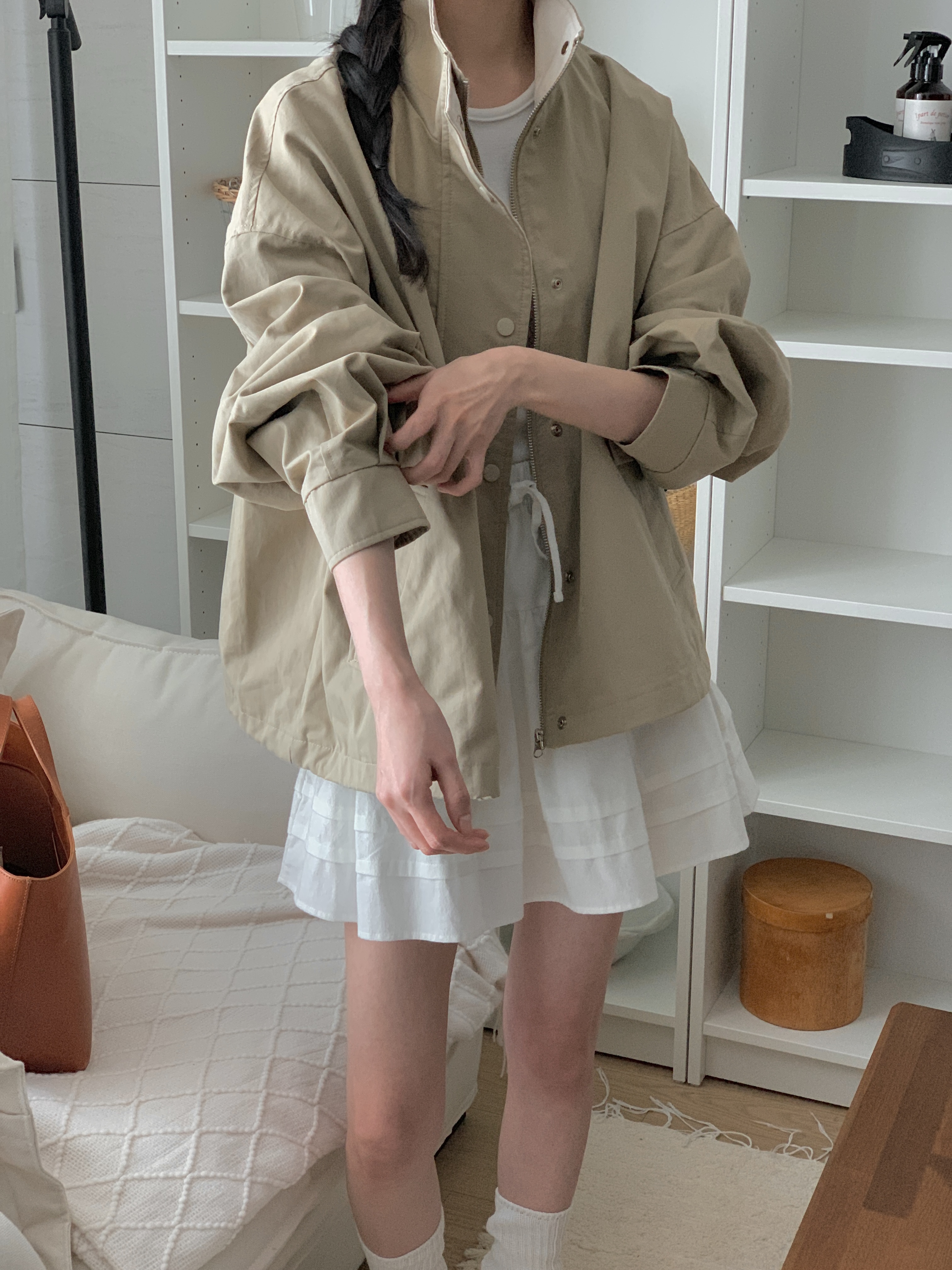 配色コットンジップアップポケットボクシールーズ長袖ジャンパー | 詳細画像2