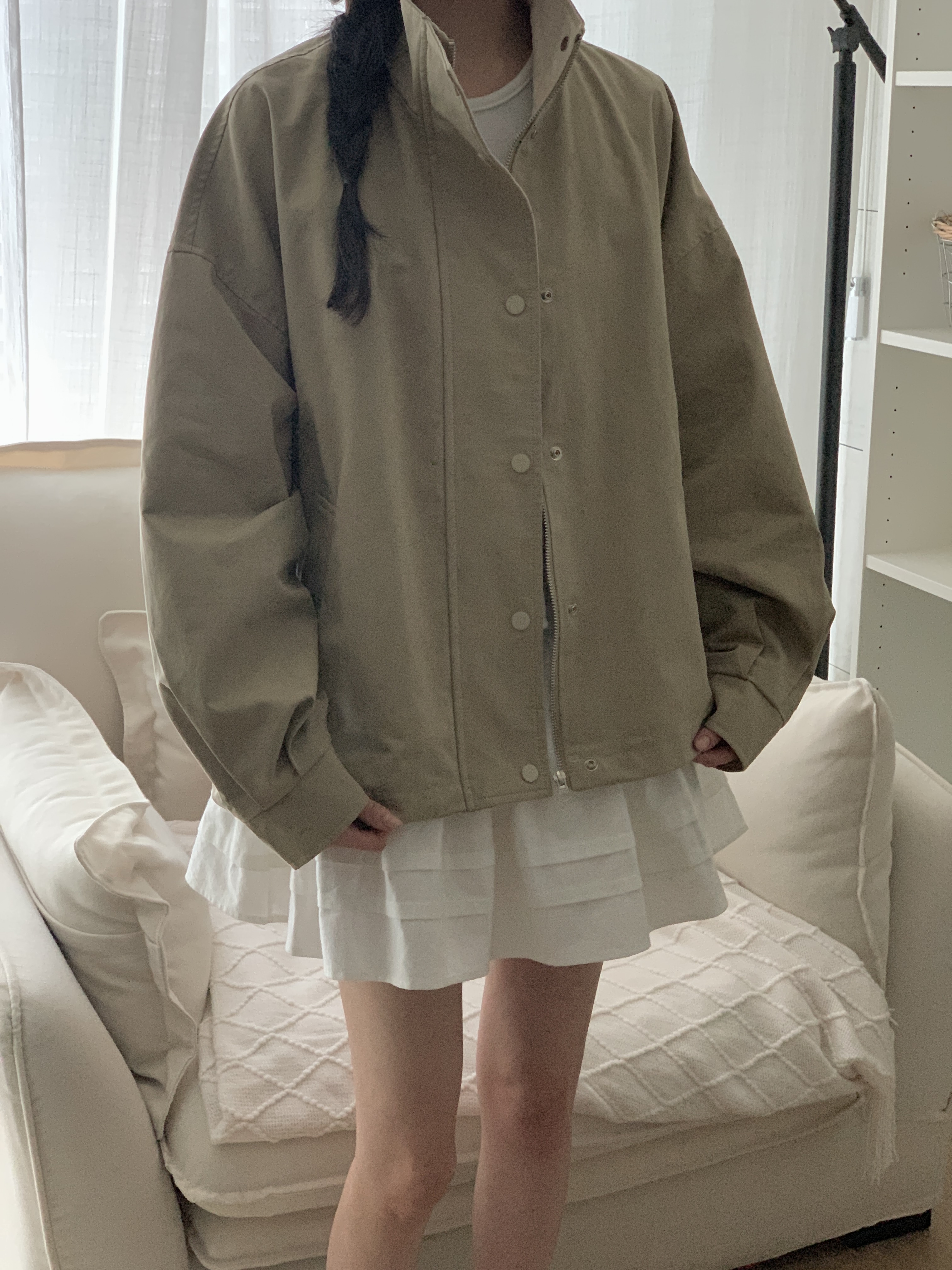 配色コットンジップアップポケットボクシールーズ長袖ジャンパー | 詳細画像4