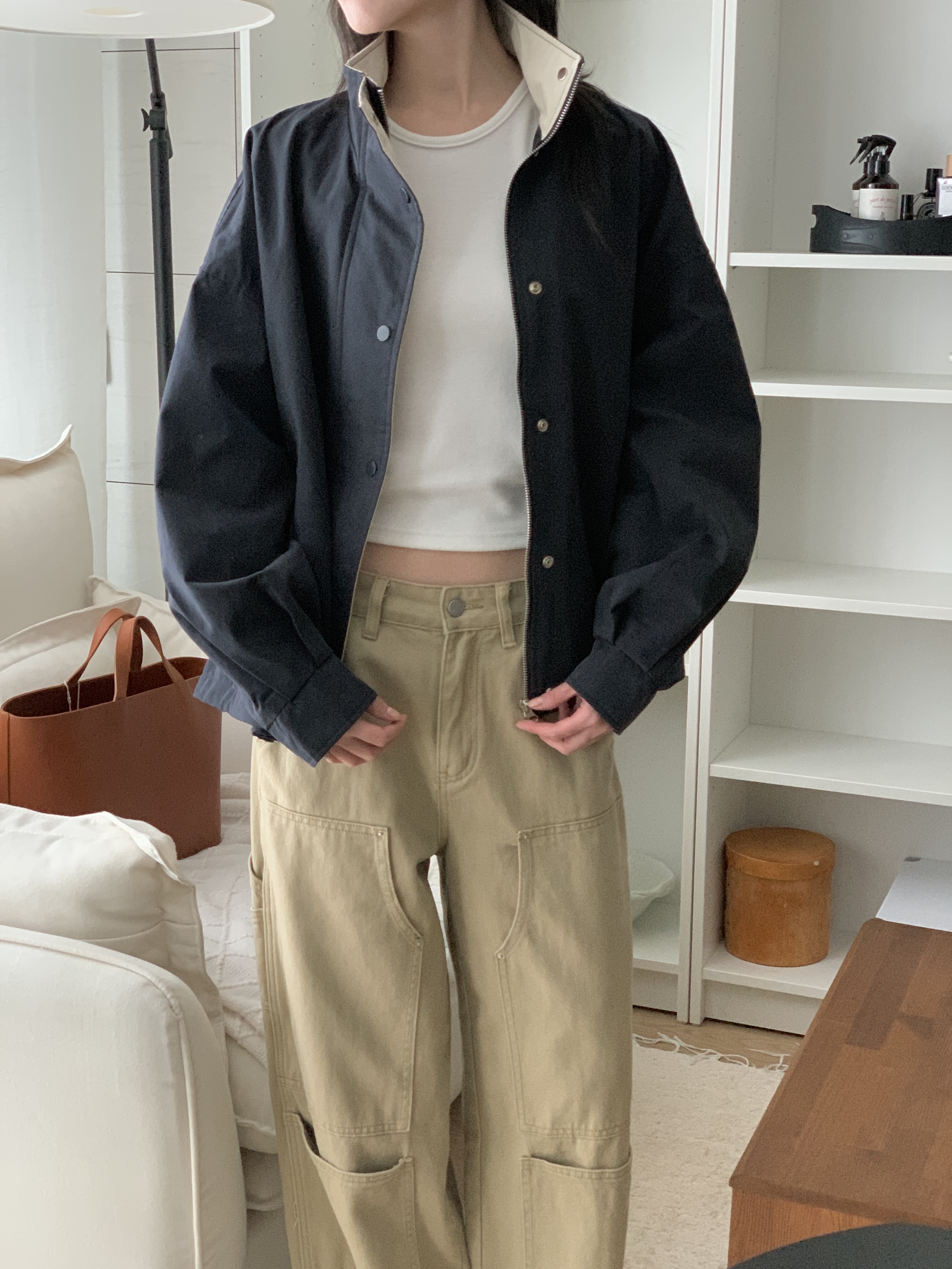 配色コットンジップアップポケットボクシールーズ長袖ジャンパー | 詳細画像9