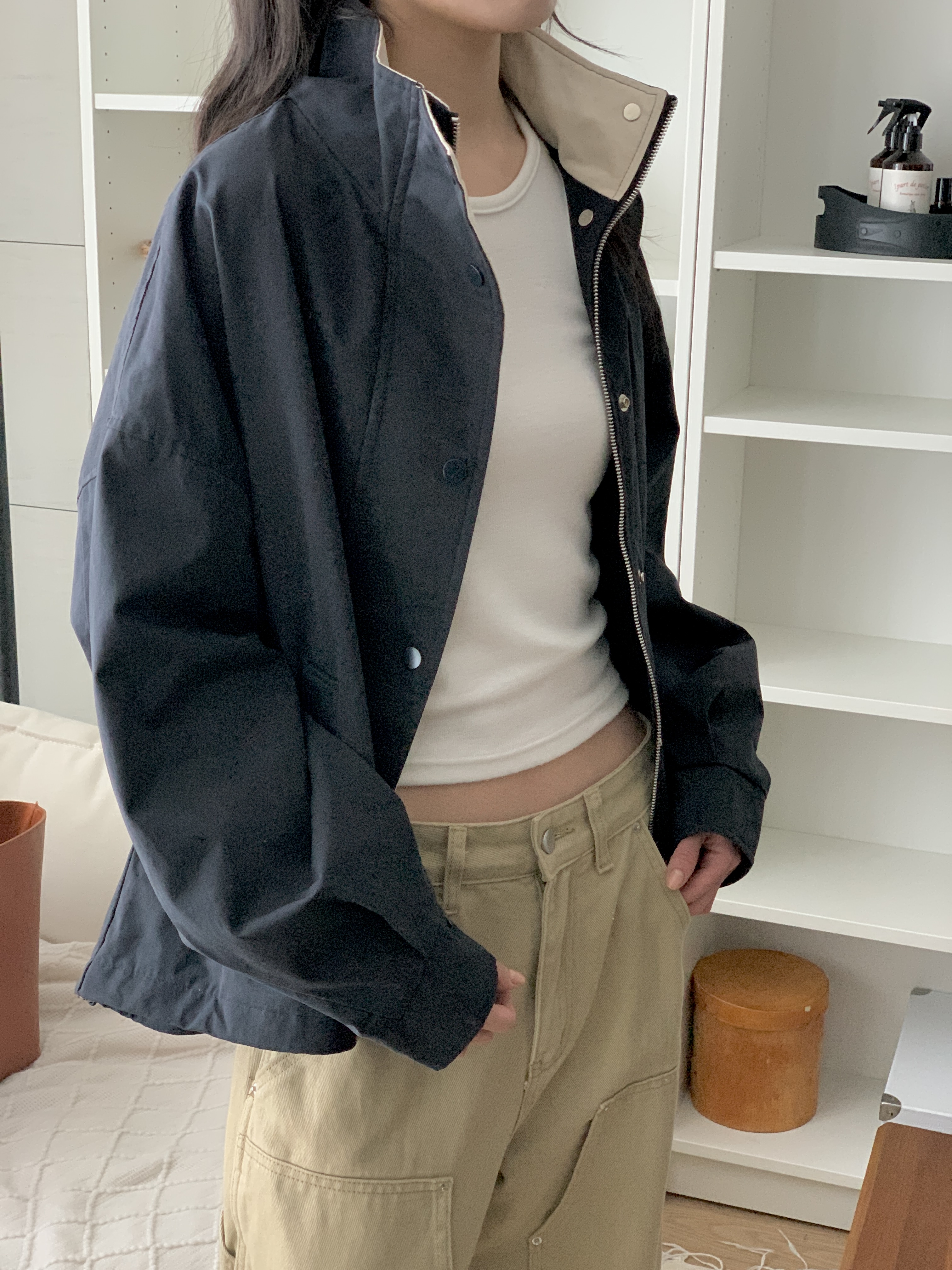 配色コットンジップアップポケットボクシールーズ長袖ジャンパー | 詳細画像10