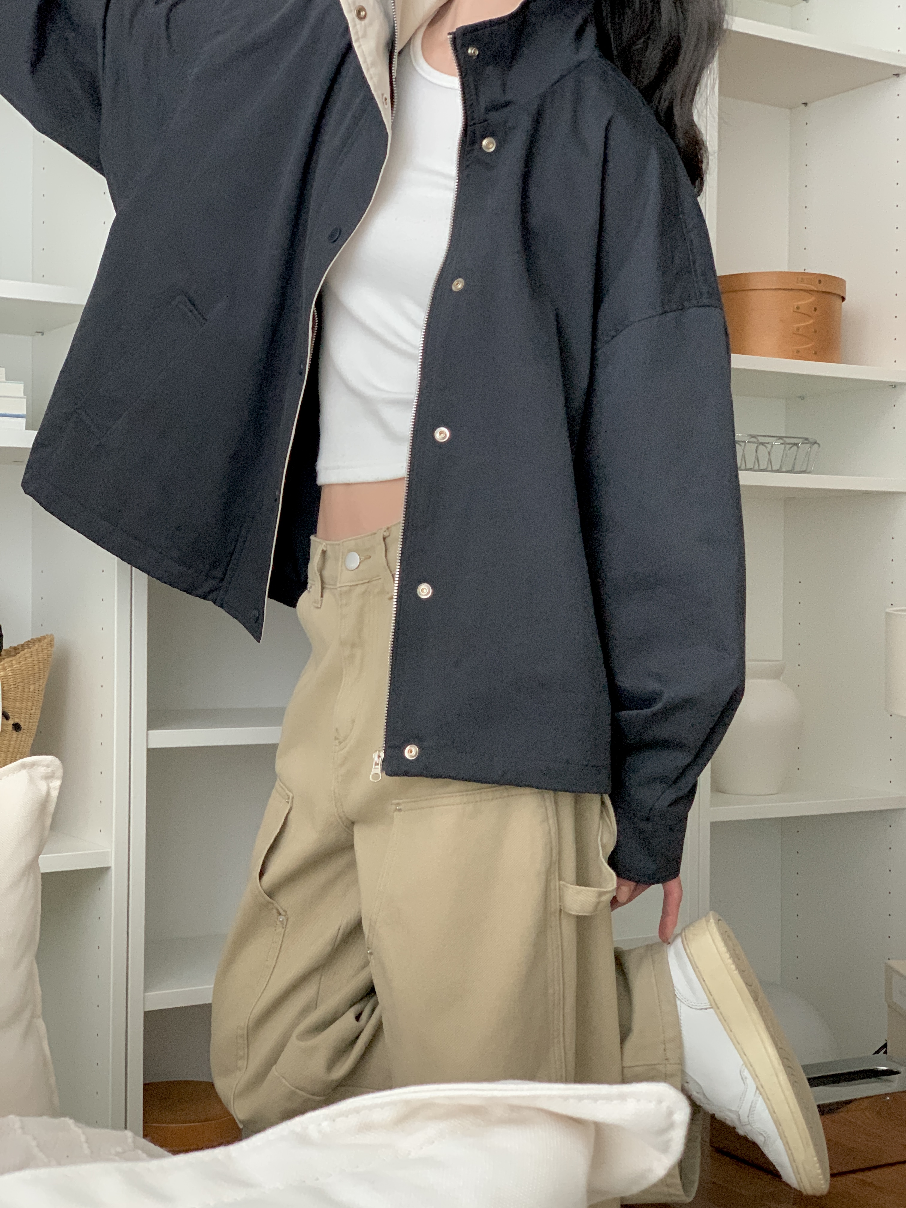 配色コットンジップアップポケットボクシールーズ長袖ジャンパー | 詳細画像14