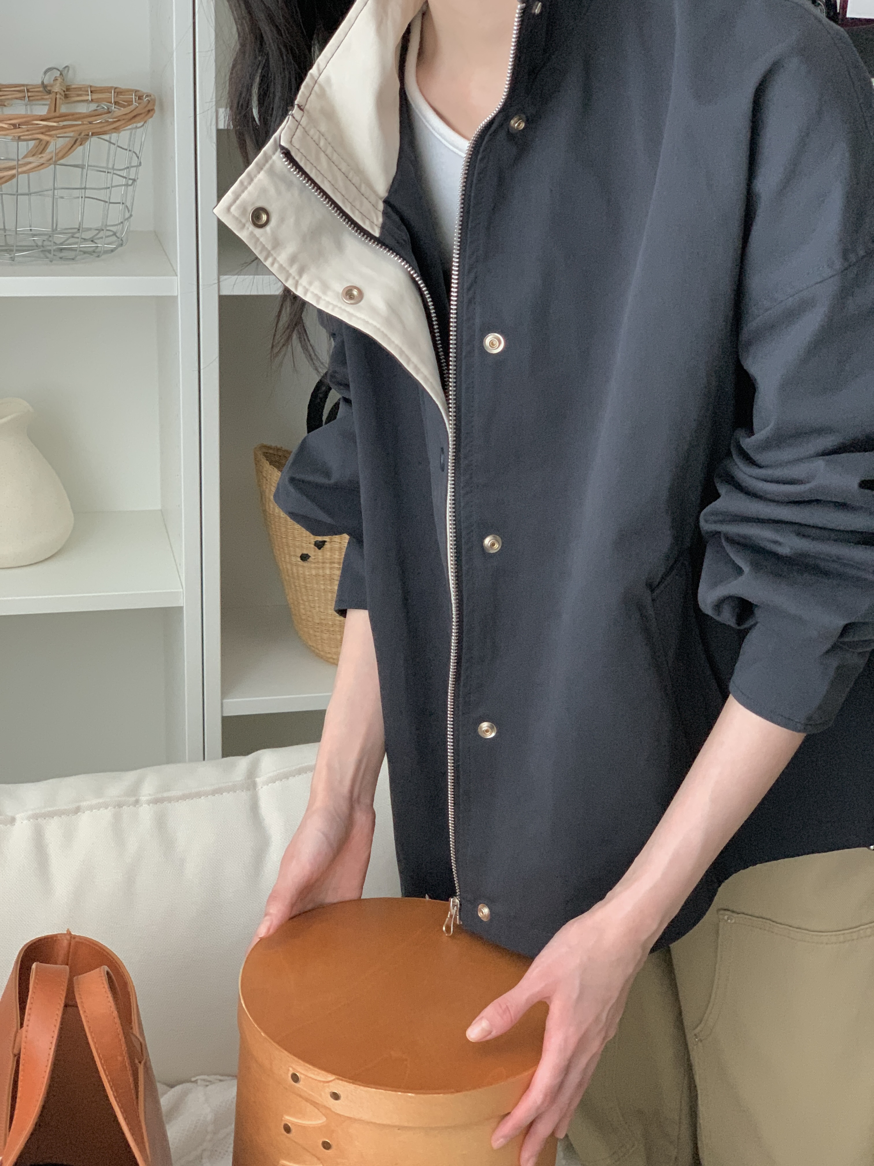 配色コットンジップアップポケットボクシールーズ長袖ジャンパー | 詳細画像15