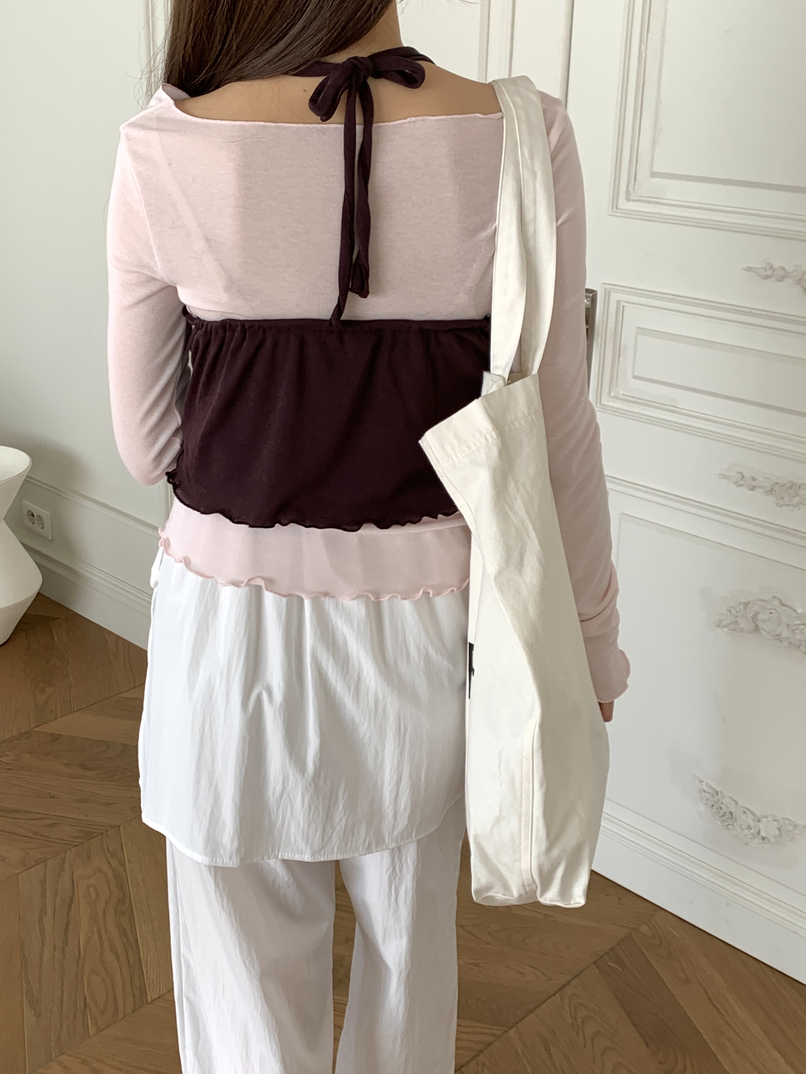 配色ホルターネックスリムレイヤード風長袖Tシャツ | 詳細画像5