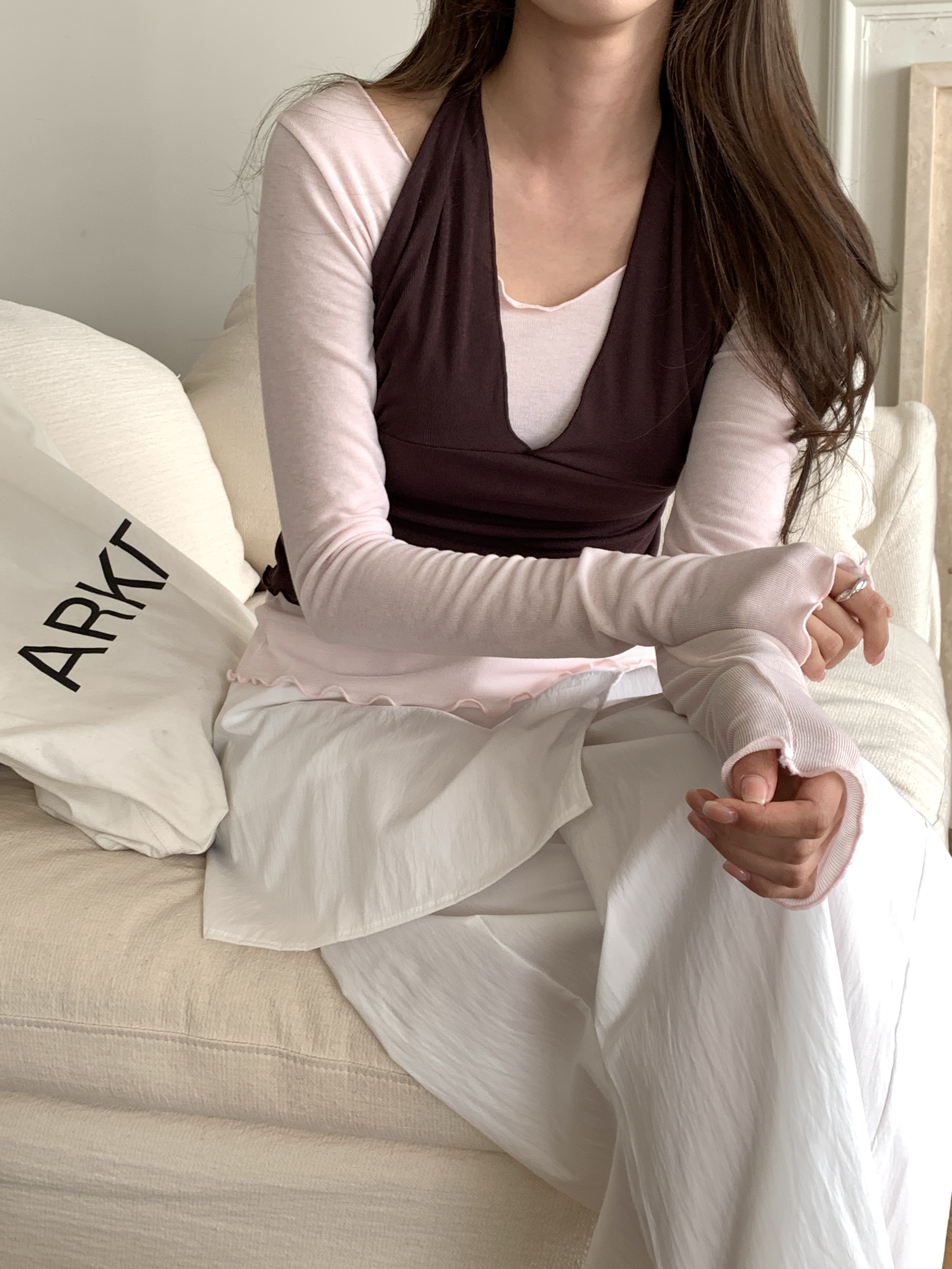 配色ホルターネックスリムレイヤード風長袖Tシャツ | 詳細画像13