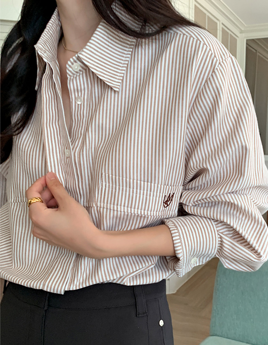 長袖カラー刺繍ストライプシャツ | レディースファッション通販 - DHOLIC