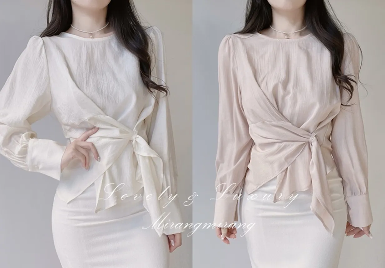 オーガンジー長袖ストラップジップアップベーシックアンバランスギャザーブラウス | mirangmirang | 詳細画像1