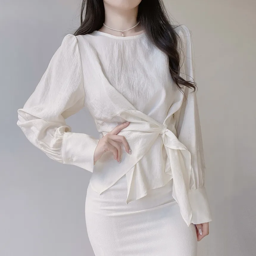 オーガンジー長袖ストラップジップアップベーシックアンバランスギャザーブラウス | mirangmirang | 詳細画像4