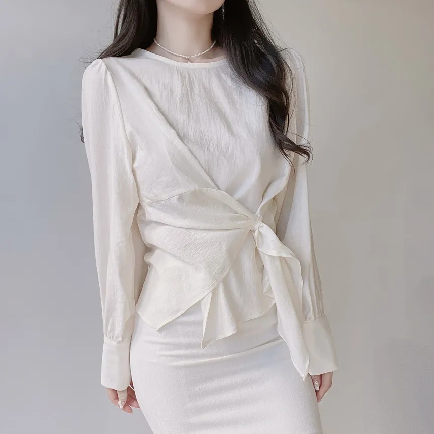 オーガンジー長袖ストラップジップアップベーシックアンバランスギャザーブラウス | mirangmirang | 詳細画像5