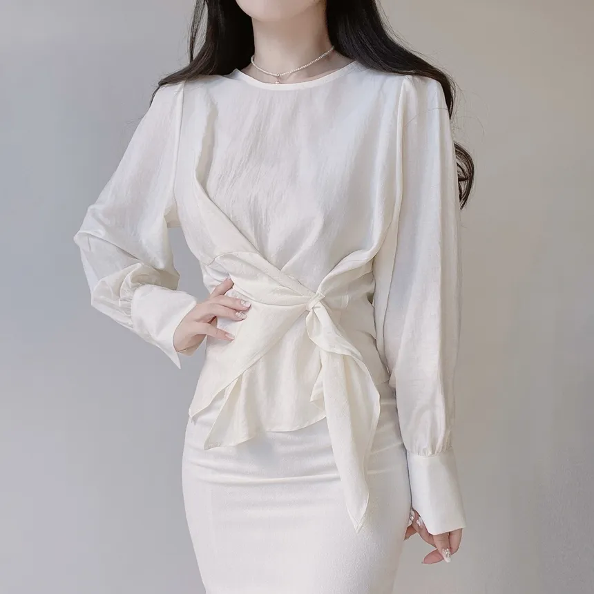 オーガンジー長袖ストラップジップアップベーシックアンバランスギャザーブラウス | mirangmirang | 詳細画像6