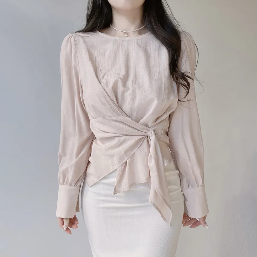 オーガンジー長袖ストラップジップアップベーシックアンバランスギャザーブラウス | mirangmirang | 詳細画像7