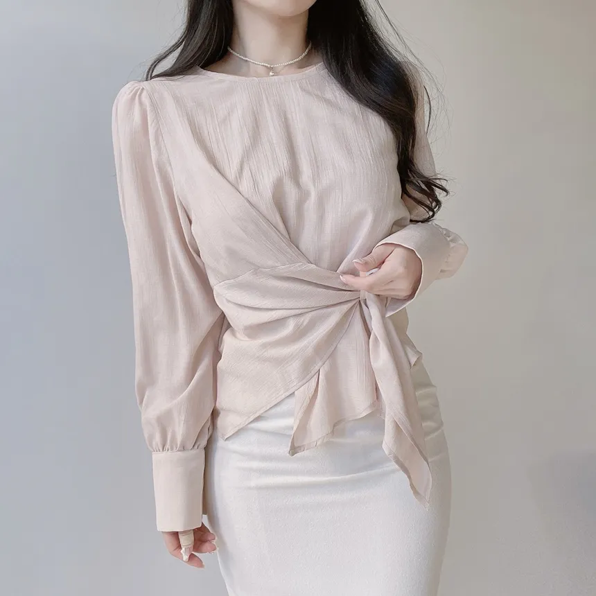 オーガンジー長袖ストラップジップアップベーシックアンバランスギャザーブラウス | mirangmirang | 詳細画像8