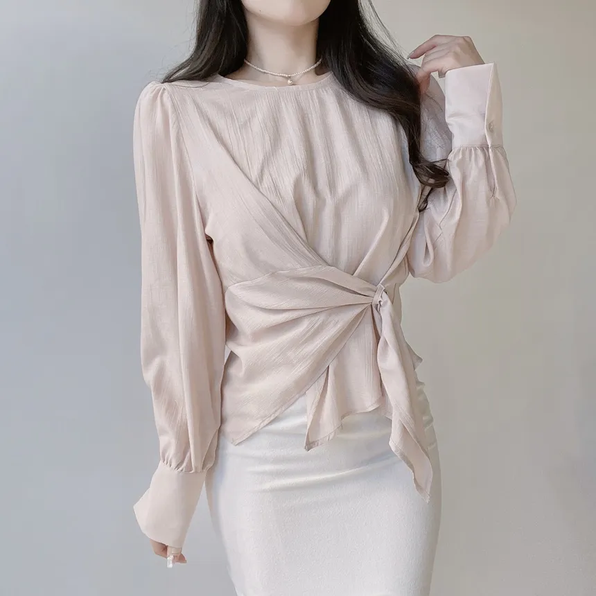 オーガンジー長袖ストラップジップアップベーシックアンバランスギャザーブラウス | mirangmirang | 詳細画像9