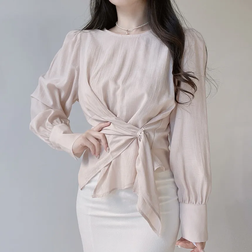 オーガンジー長袖ストラップジップアップベーシックアンバランスギャザーブラウス | mirangmirang | 詳細画像10