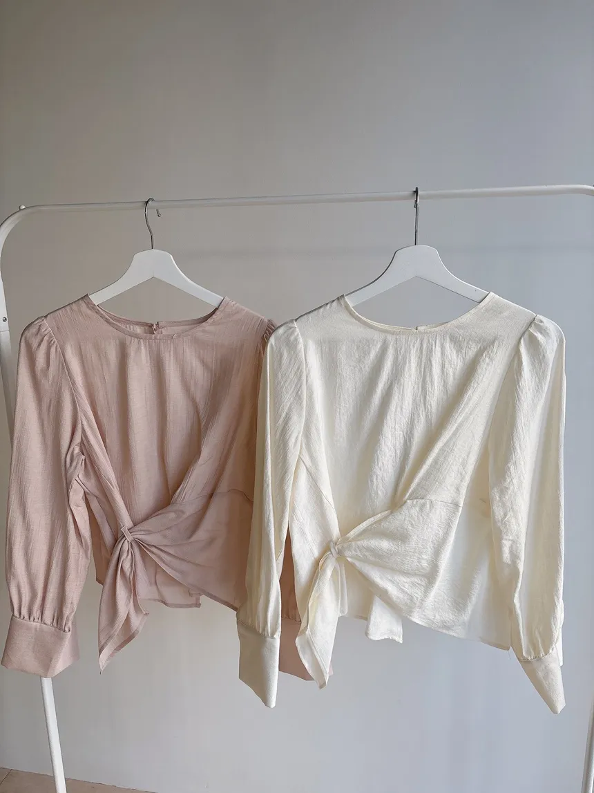 オーガンジー長袖ストラップジップアップベーシックアンバランスギャザーブラウス | mirangmirang | 詳細画像11