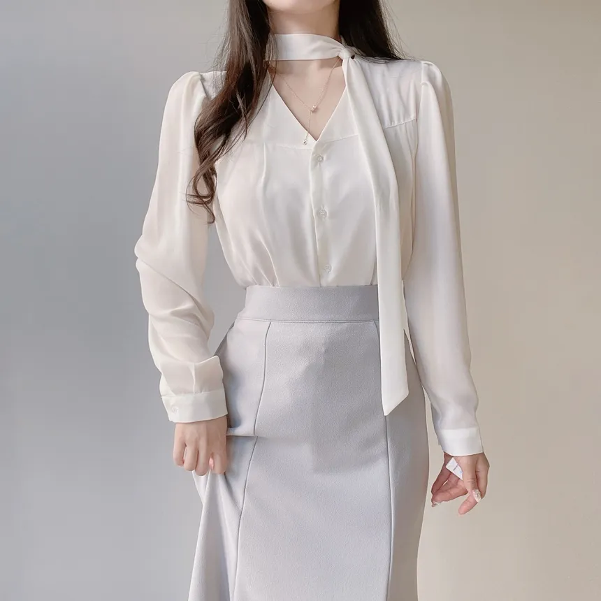 ボウタイVネック長袖ブラウス | mirangmirang | 詳細画像9