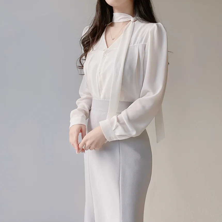 ボウタイVネック長袖ブラウス | mirangmirang | 詳細画像10