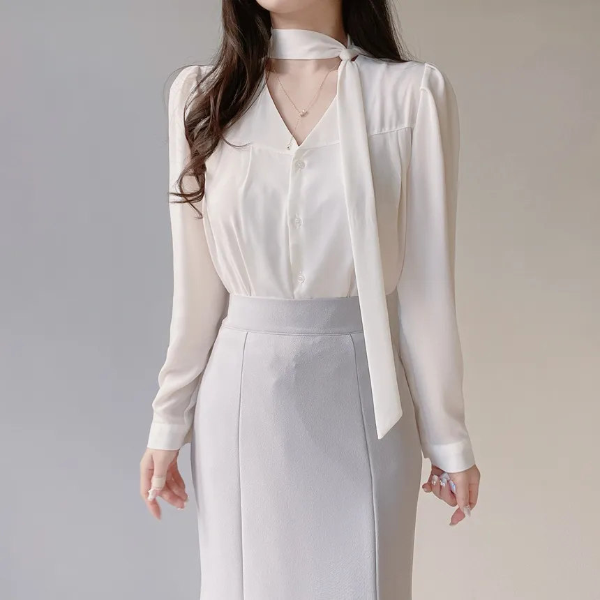 ボウタイVネック長袖ブラウス | mirangmirang | 詳細画像11