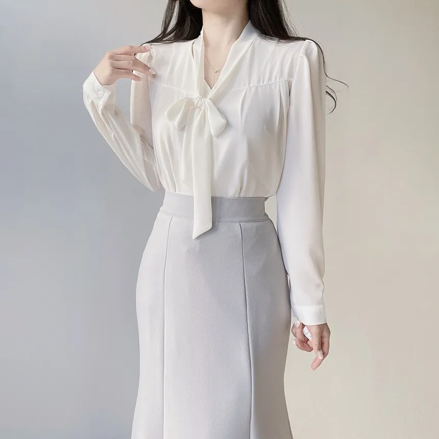 ボウタイVネック長袖ブラウス | mirangmirang | 詳細画像19