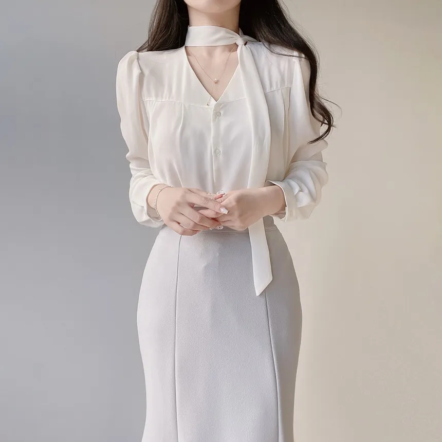 ボウタイVネック長袖ブラウス | mirangmirang | 詳細画像22