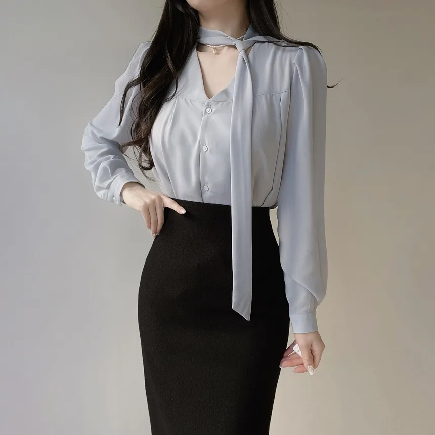 ボウタイVネック長袖ブラウス | mirangmirang | 詳細画像27