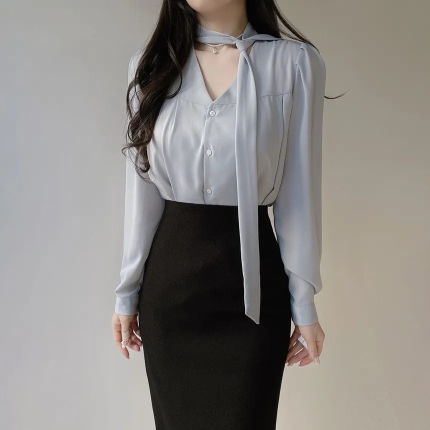 ボウタイVネック長袖ブラウス | mirangmirang | 詳細画像28