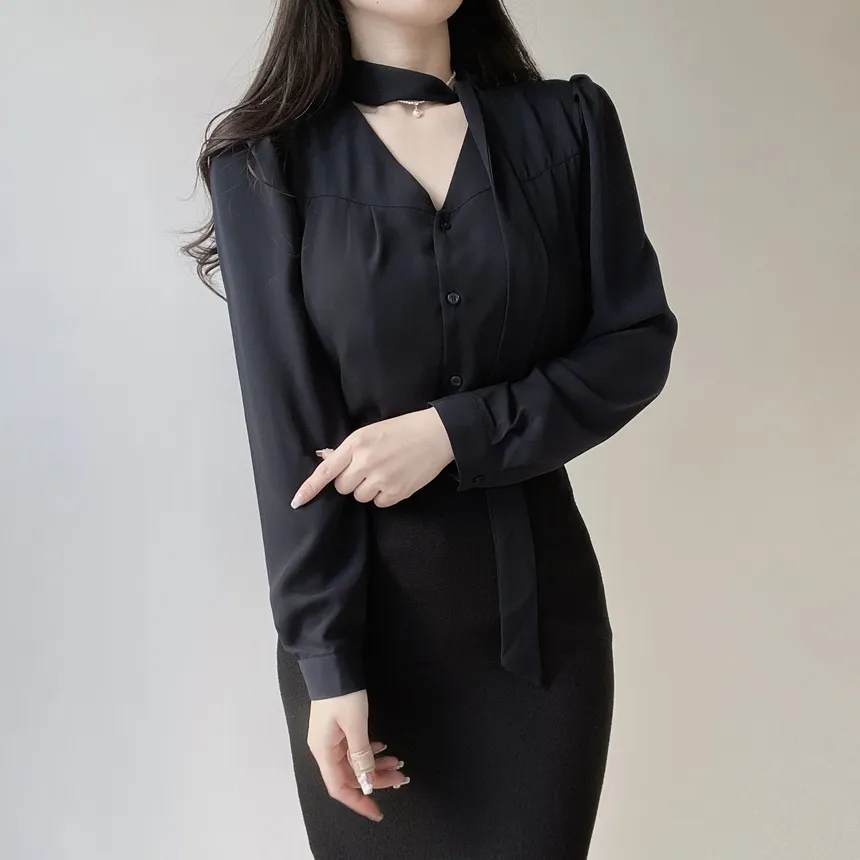 ボウタイVネック長袖ブラウス | mirangmirang | 詳細画像30