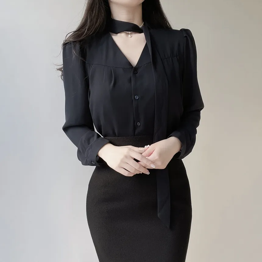 ボウタイVネック長袖ブラウス | mirangmirang | 詳細画像31