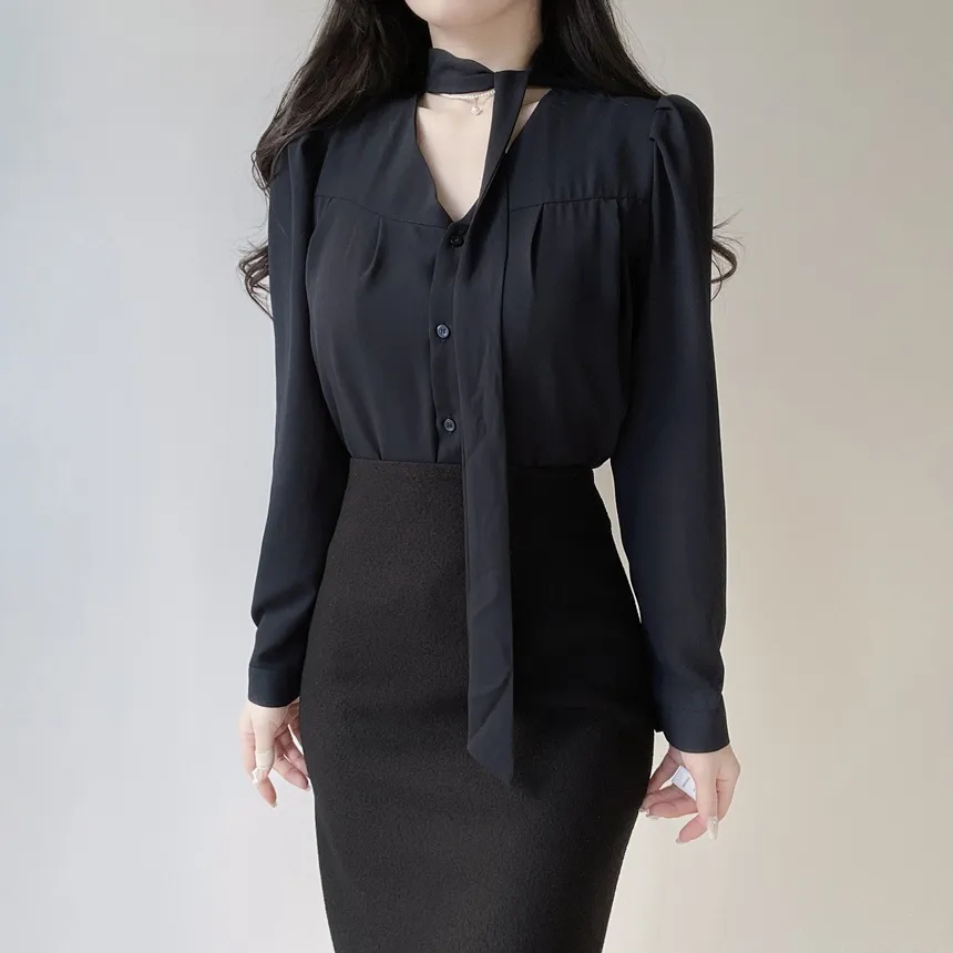 ボウタイVネック長袖ブラウス | mirangmirang | 詳細画像32