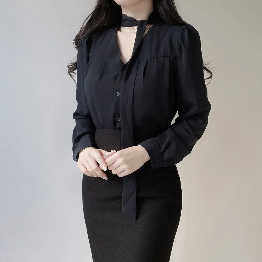 ボウタイVネック長袖ブラウス | mirangmirang | 詳細画像33