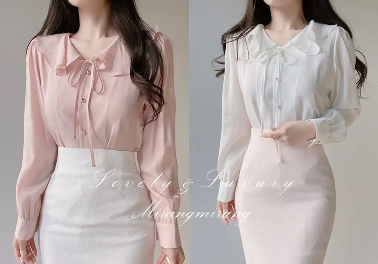 オーガンジーフリル長袖ベーシックボタンブラウス | mirangmirang | 詳細画像1