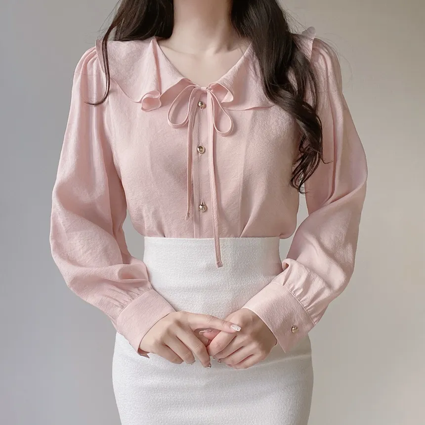 オーガンジーフリル長袖ベーシックボタンブラウス | mirangmirang | 詳細画像3