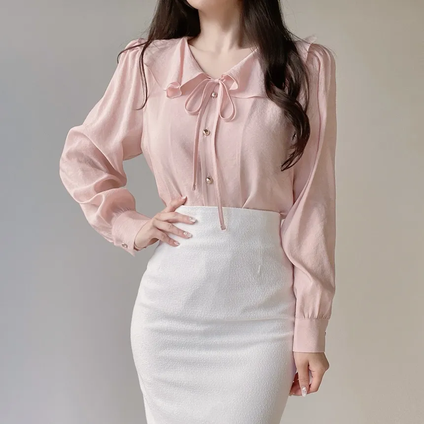 オーガンジーフリル長袖ベーシックボタンブラウス | mirangmirang | 詳細画像5