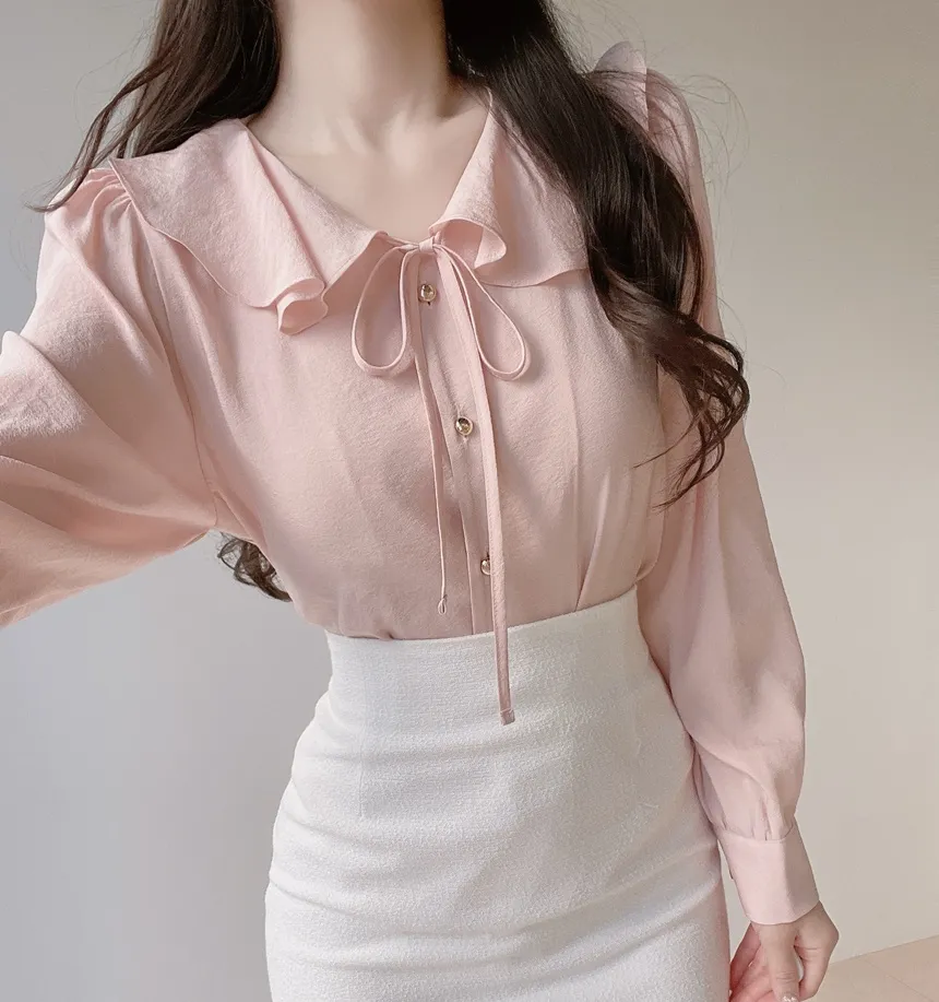 オーガンジーフリル長袖ベーシックボタンブラウス | mirangmirang | 詳細画像6