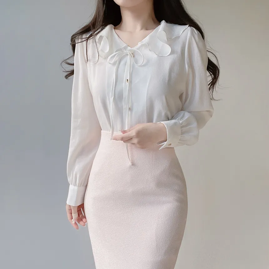 オーガンジーフリル長袖ベーシックボタンブラウス | mirangmirang | 詳細画像7