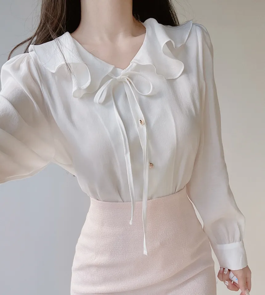 オーガンジーフリル長袖ベーシックボタンブラウス | mirangmirang | 詳細画像13