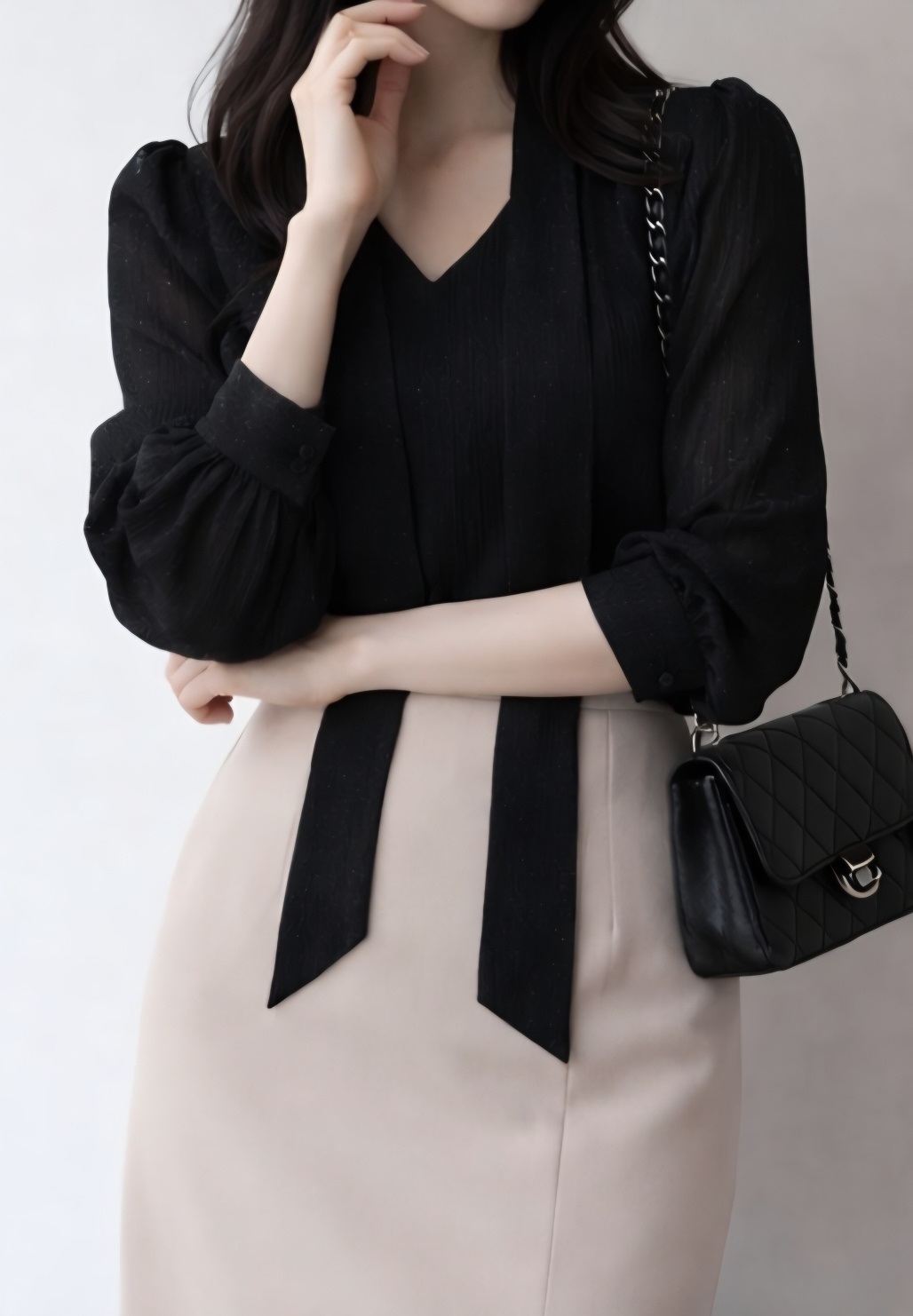 シースルーボウタイVネック長袖ブラウスアンサンブル | 詳細画像2