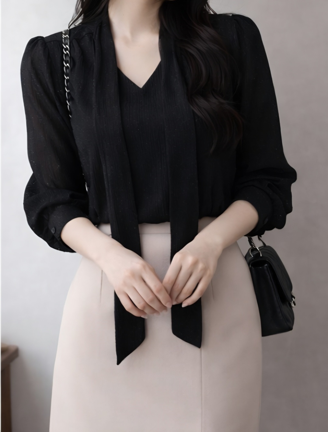 シースルーボウタイVネック長袖ブラウスアンサンブル | 詳細画像3