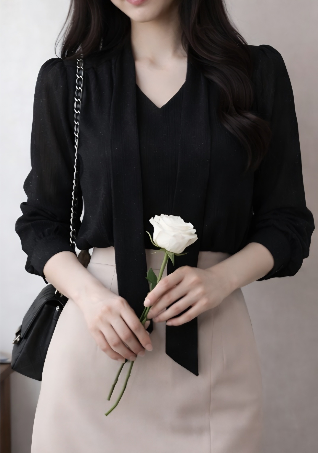 シースルーボウタイVネック長袖ブラウスアンサンブル | 詳細画像4