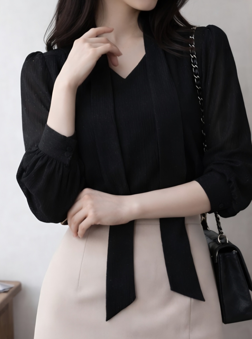 シースルーボウタイVネック長袖ブラウスアンサンブル | 詳細画像5