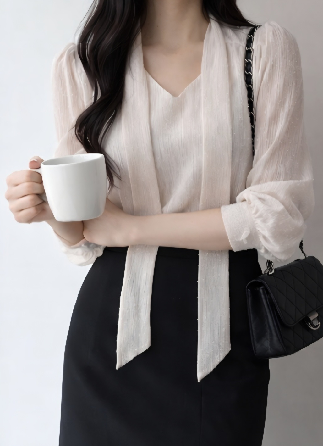 シースルーボウタイVネック長袖ブラウスアンサンブル | 詳細画像6