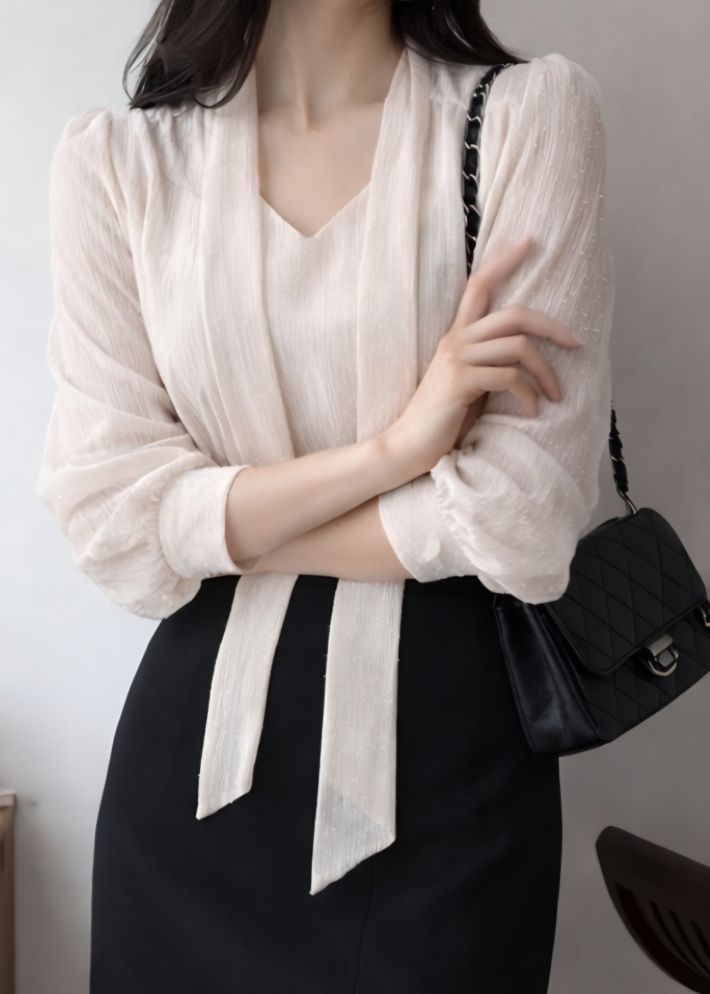 シースルーボウタイVネック長袖ブラウスアンサンブル | 詳細画像7