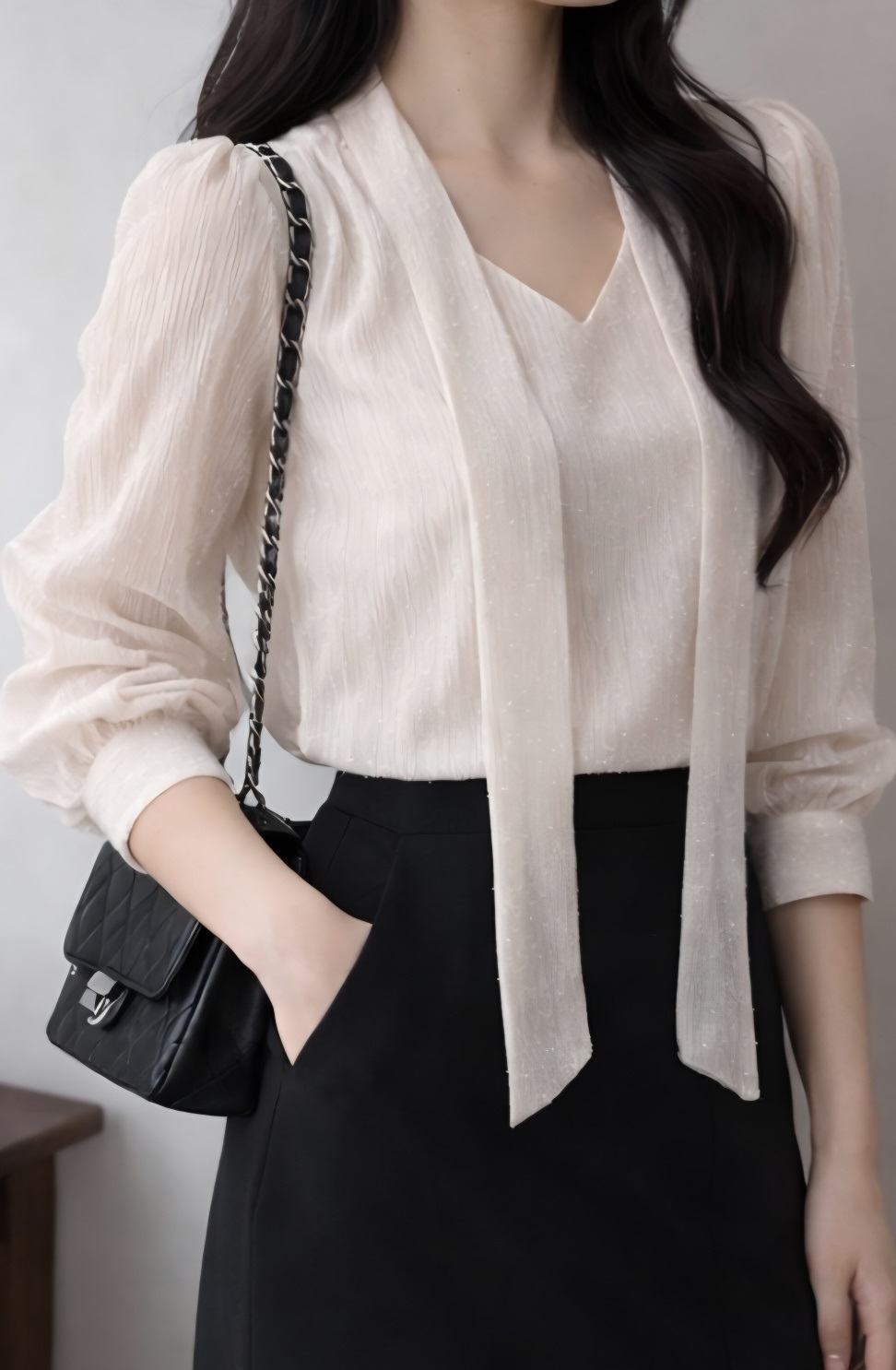 シースルーボウタイVネック長袖ブラウスアンサンブル | 詳細画像8