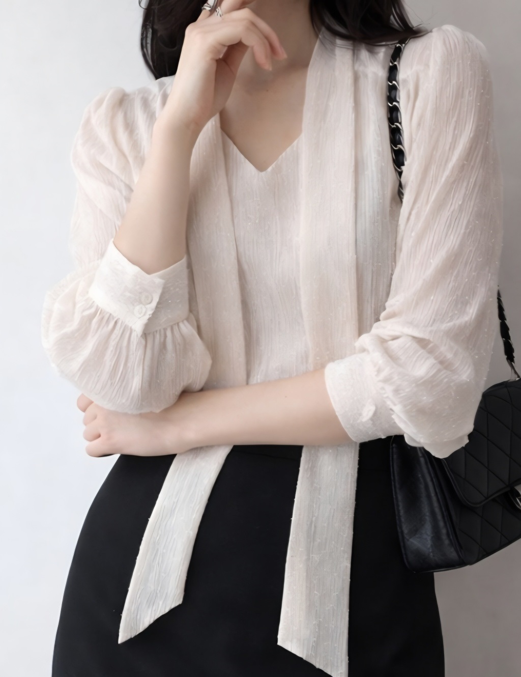 シースルーボウタイVネック長袖ブラウスアンサンブル | 詳細画像9