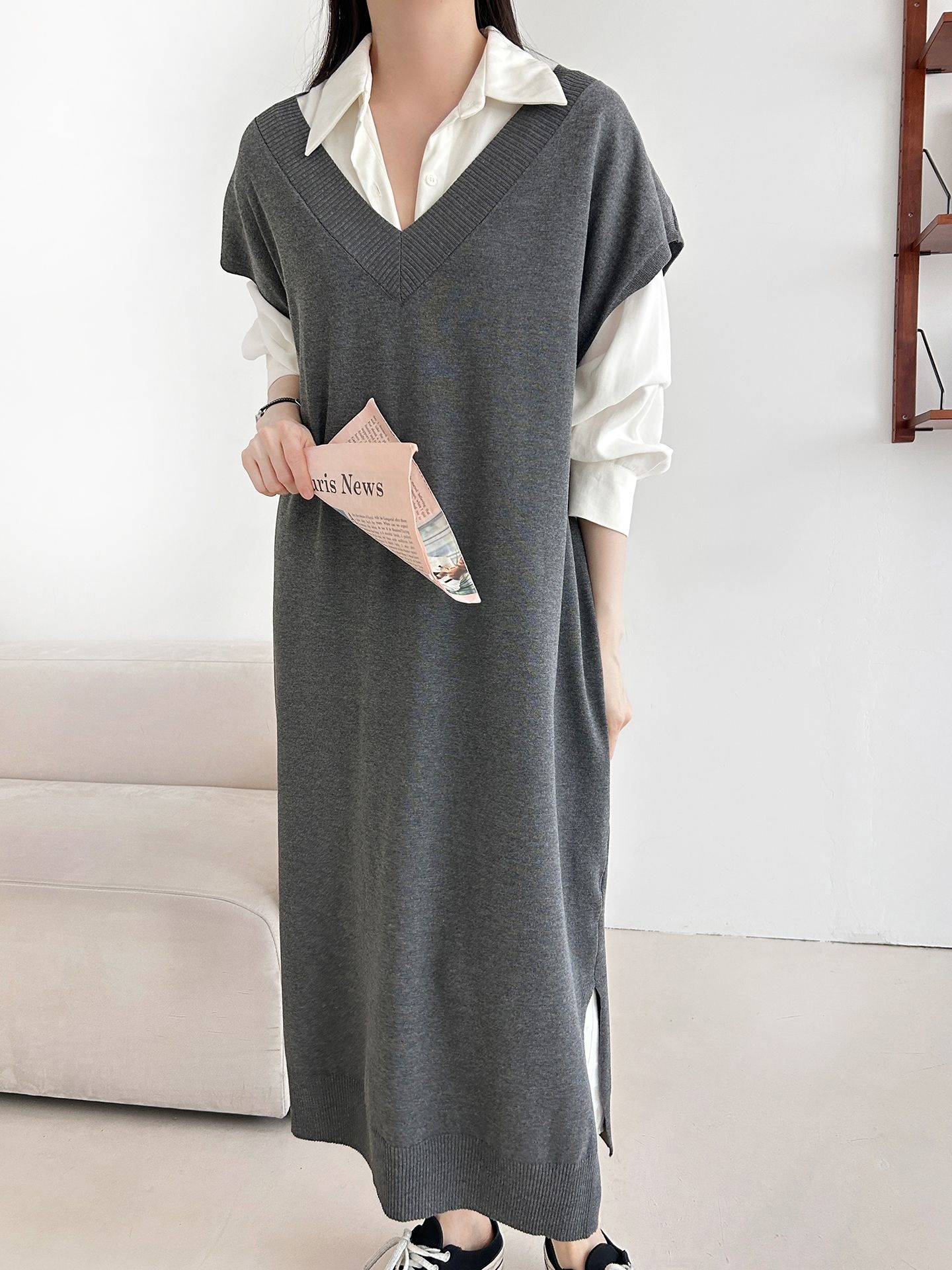 ニットVネックスリットロングワンピース | 詳細画像3