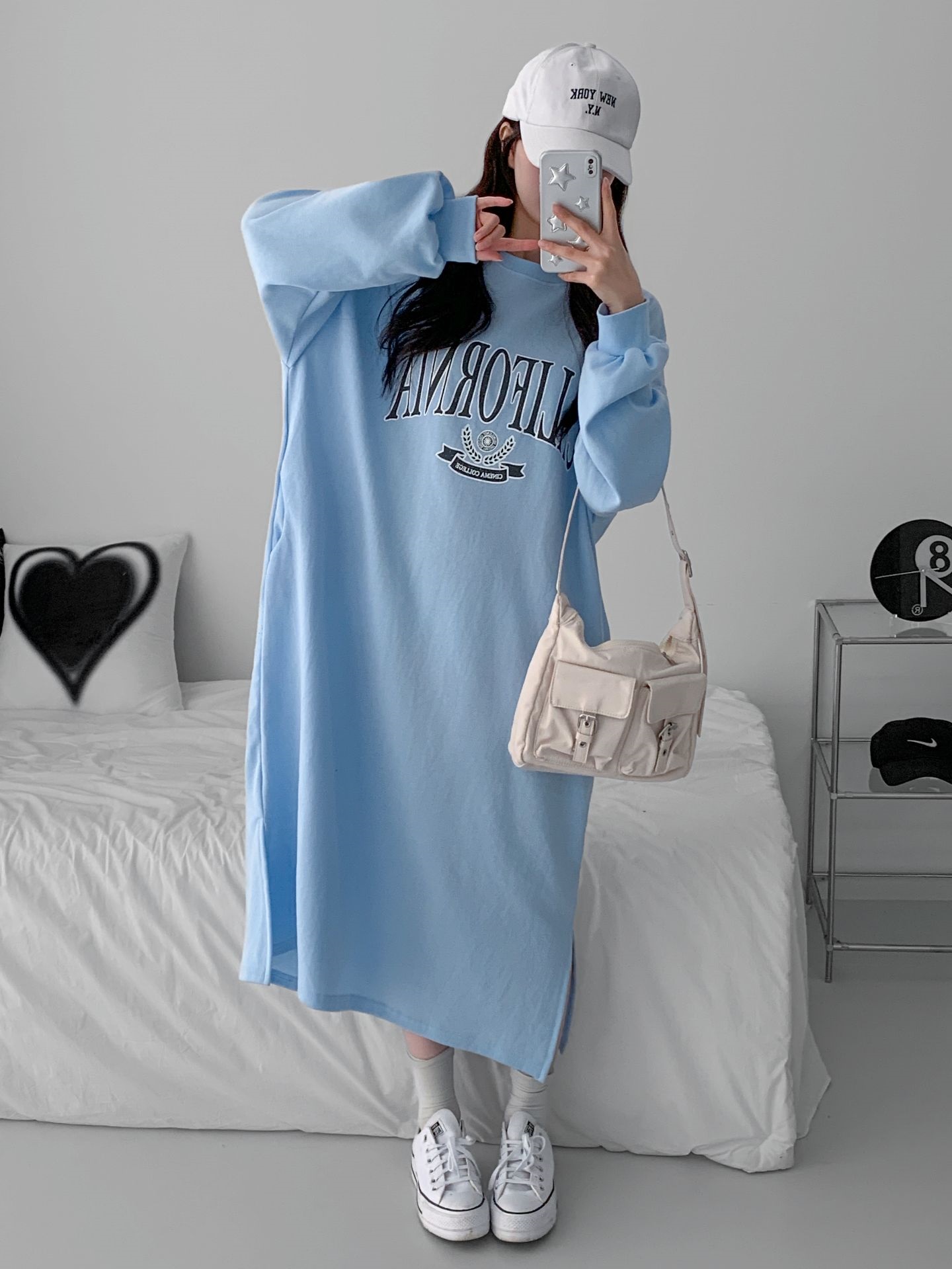 ラウンドネックスリットポケットオーバーサイズロング長袖ビッグプリントワンピース | 詳細画像2