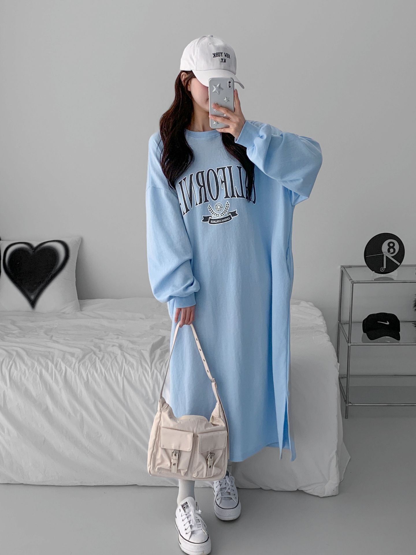 ラウンドネックスリットポケットオーバーサイズロング長袖ビッグプリントワンピース | 詳細画像3