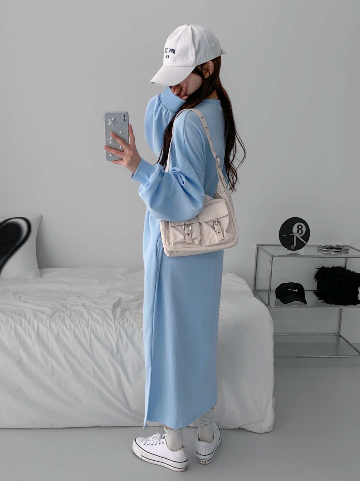 ラウンドネックスリットポケットオーバーサイズロング長袖ビッグプリントワンピース | 詳細画像5