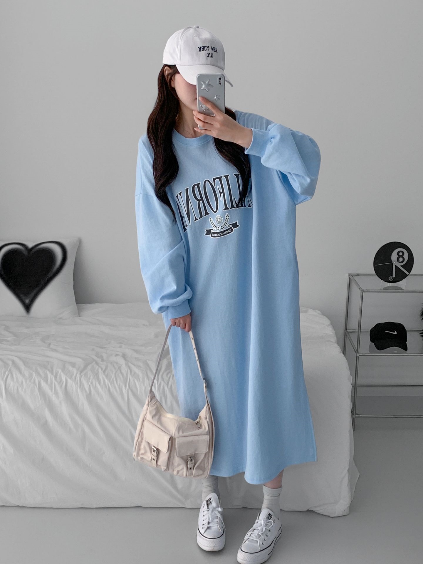 ラウンドネックスリットポケットオーバーサイズロング長袖ビッグプリントワンピース | 詳細画像7