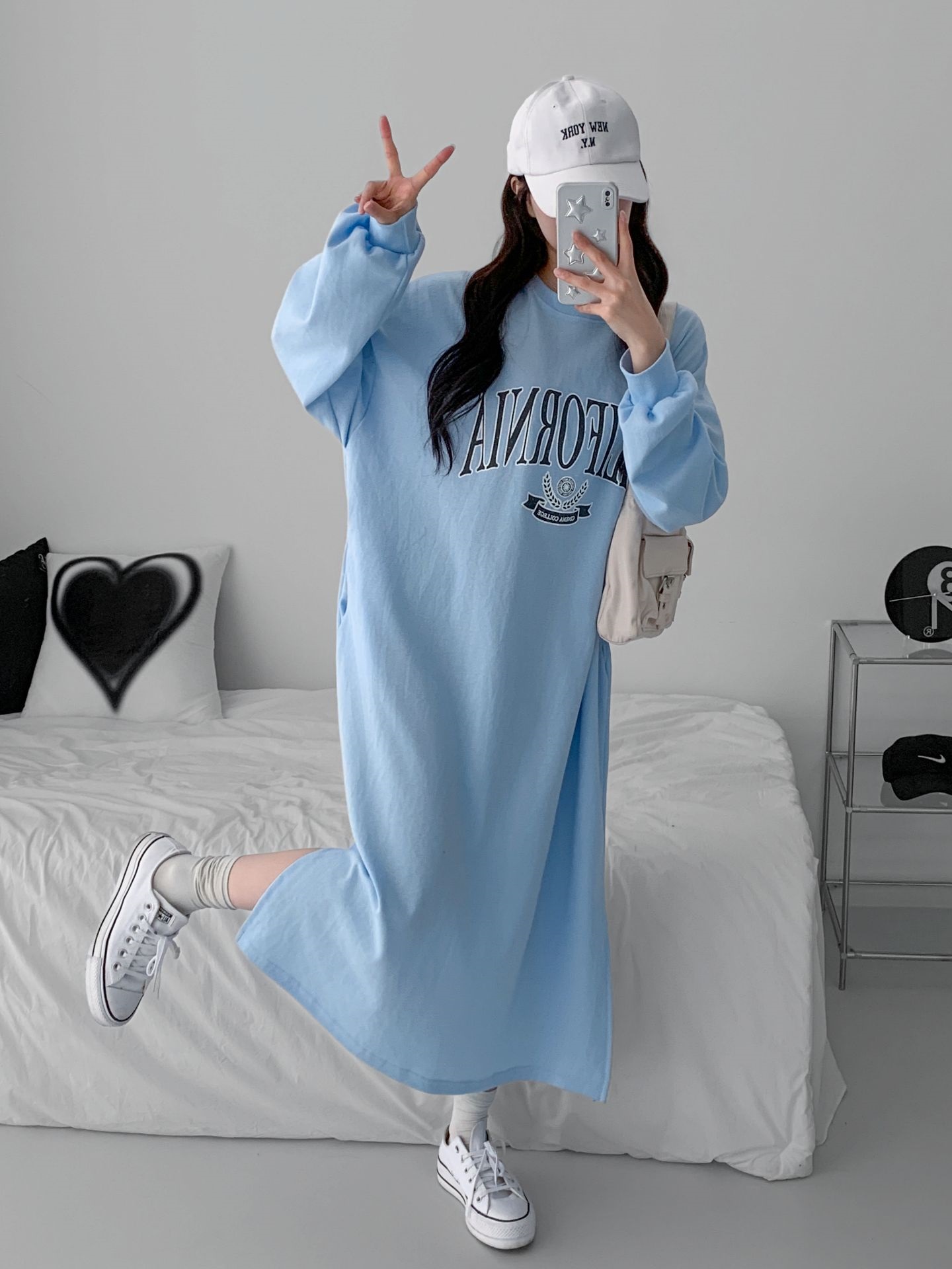 ラウンドネックスリットポケットオーバーサイズロング長袖ビッグプリントワンピース | 詳細画像9