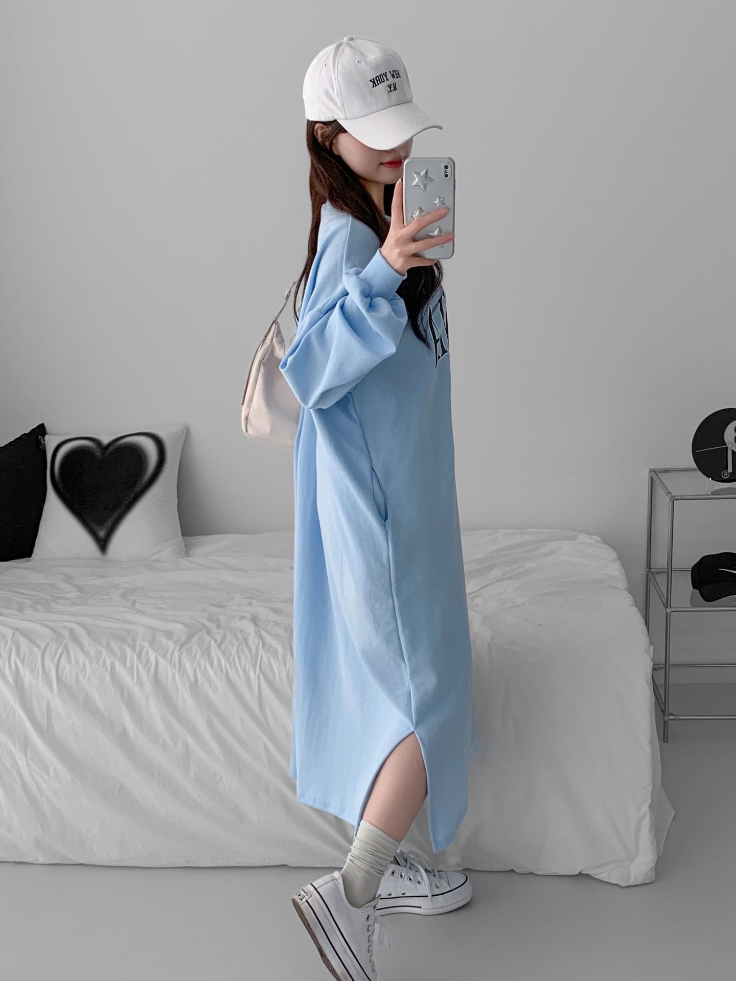 ラウンドネックスリットポケットオーバーサイズロング長袖ビッグプリントワンピース | 詳細画像11